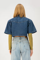 Oversize Crop Fit Sedef Çıtçıtlı Orta İndigo Kadın Jean Ceket