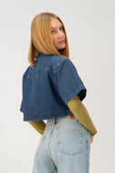 Oversize Crop Fit Sedef Çıtçıtlı Orta İndigo Kadın Jean Ceket