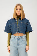 Oversize Crop Fit Sedef Çıtçıtlı Orta İndigo Kadın Jean Ceket