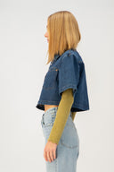 Oversize Crop Fit Sedef Çıtçıtlı Orta İndigo Kadın Jean Ceket