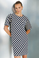 Relaxed Fit Lacivert-Beyaz Çizgili Elbise