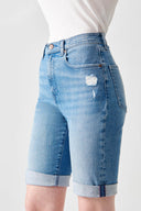 Slim Fit Bermuda Boy Kıvrılabilir Paça Orta İndigo Kadın Jean Şort