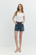 DEBORAH Straight Fit Taşlı Orta İndigo Jean Şort