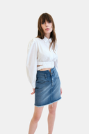 Slim Fit Püsküllü Cep Detaylı Orta İndigo Kadın Jean Etek