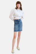 Slim Fit Püsküllü Cep Detaylı Orta İndigo Kadın Jean Etek