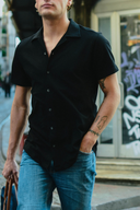 Slim Fit V Yaka Kısa Kollu Siyah Erkek Gömlek