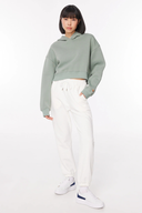 Oversize Fit Nakışlı Adaçayı - Haki Kadın Crop Hoodie / Sweatshirt