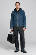 Regular Fit Orta İndigo Kapüşonlu Sherpalı Erkek Jean Ceket