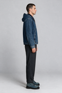 Regular Fit Orta İndigo Kapüşonlu Sherpalı Erkek Jean Ceket