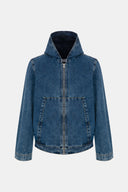 Regular Fit Orta İndigo Kapüşonlu Sherpalı Erkek Jean Ceket