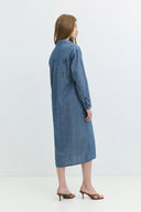 Oversize Fit Kuşaklı Chambray Orta İndigo Midi Jean Elbise