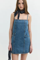 Regular Fit Askılı Kare Yaka Orta İndigo Mini Jean Elbise