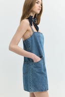 Regular Fit Askılı Kare Yaka Orta İndigo Mini Jean Elbise