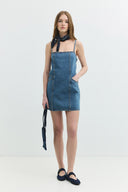 Regular Fit Askılı Kare Yaka Orta İndigo Mini Jean Elbise