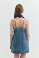 Regular Fit Askılı Kare Yaka Orta İndigo Mini Jean Elbise