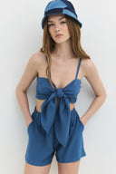 Tencel Lastikli Bel Retro Mavi Mini Kadın Şort