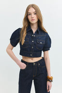 Regular Crop Fit Balon Kol Koyu İndigo Rinse Kadın Jean Gömlek