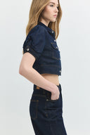 Regular Crop Fit Balon Kol Koyu İndigo Rinse Kadın Jean Gömlek