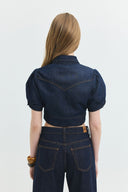 Regular Crop Fit Balon Kol Koyu İndigo Rinse Kadın Jean Gömlek