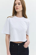 Oversize Crop Fit Bisiklet Yaka Beyaz Kadın T-Shirt