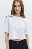 Oversize Crop Fit Bisiklet Yaka Beyaz Kadın T-Shirt