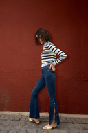BRIDGETTE Skinny Flare Fit Koyu İndigo Çıtçıt Paça Kadın Jean Pantolon