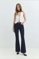 Slim Flare Long Fit Rinse Koyu İndigo Taşlı Kadın Jean Pantolon