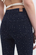 Slim Flare Long Fit Rinse Koyu İndigo Taşlı Kadın Jean Pantolon