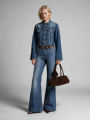 Flare Long Fit Orta İndigo Paça Detaylı Kadın Jean Pantolon