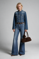 Flare Long Fit Orta İndigo Paça Detaylı Kadın Jean Pantolon
