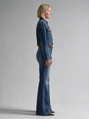 Flare Long Fit Orta İndigo Paça Detaylı Kadın Jean Pantolon