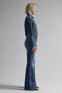 Flare Long Fit Orta İndigo Paça Detaylı Kadın Jean Pantolon