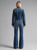 Flare Long Fit Orta İndigo Paça Detaylı Kadın Jean Pantolon