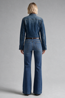 Flare Long Fit Orta İndigo Paça Detaylı Kadın Jean Pantolon