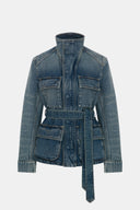 Kuşaklı Utility Vintage Orta İndigo Kadın Jean Ceket