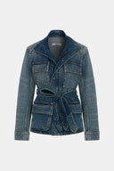 Kuşaklı Utility Vintage Orta İndigo Kadın Jean Ceket
