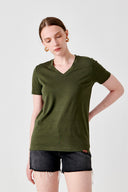 Slim Fit V Yaka Haki Kadın T-shirt
