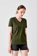 Slim Fit V Yaka Haki Kadın T-shirt