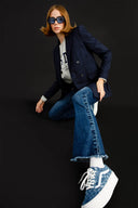 BRIDGETTE Skinny Flare Fit Koyu İndigo Çıtçıt Paça Kadın Jean Pantolon