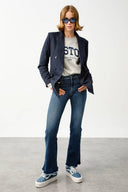 BRIDGETTE Skinny Flare Fit Koyu İndigo Çıtçıt Paça Kadın Jean Pantolon