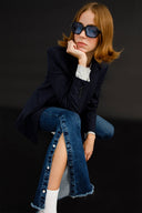BRIDGETTE Skinny Flare Fit Koyu İndigo Çıtçıt Paça Kadın Jean Pantolon