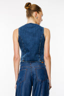 Fitted Slim Crop Fit Koyu İndigo Kadın Jean Yelek