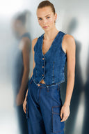Fitted Slim Crop Fit Koyu İndigo Kadın Jean Yelek