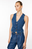 Fitted Slim Crop Fit Koyu İndigo Kadın Jean Yelek