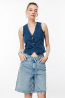 Fitted Slim Crop Fit Koyu İndigo Kadın Jean Yelek