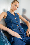 Fitted Slim Crop Fit Koyu İndigo Kadın Jean Yelek