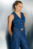 Fitted Slim Crop Fit Koyu İndigo Kadın Jean Yelek