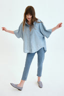 Oversize Fit Piliseli Roba Vintage Açık İndigo Kadın Jean Gömlek