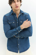 Klasik Western Regular Fit Orta İndigo Erkek Jean Gömlek