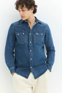 Klasik Western Regular Fit Orta İndigo Erkek Jean Gömlek